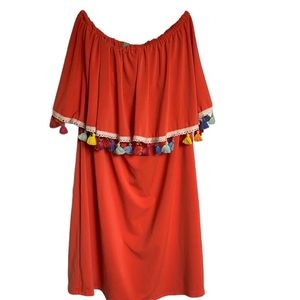 Orange boho dress with tassels. Judith March